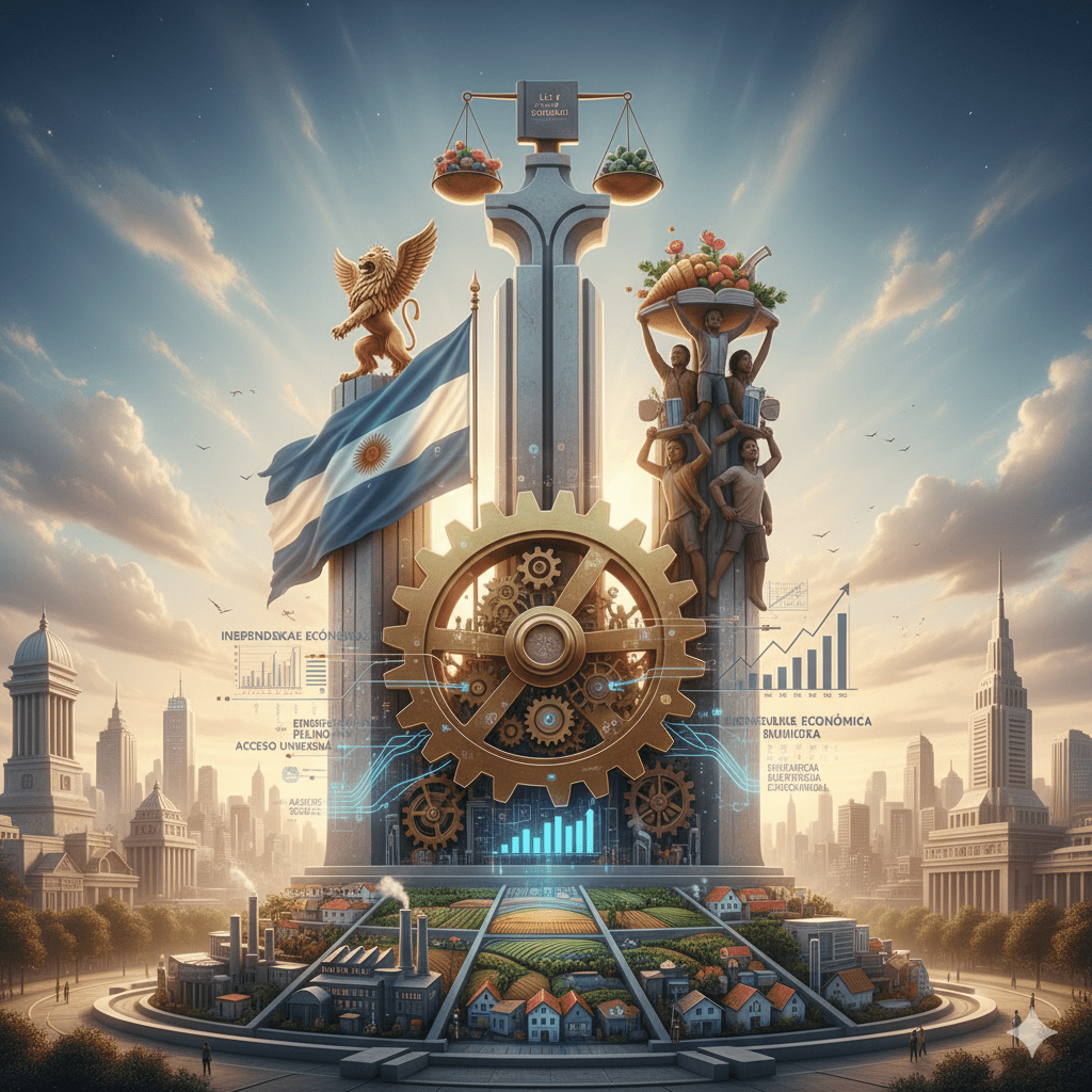 Imagen evocativa del plan quinquenal, la soberanía nacional y la justicia social