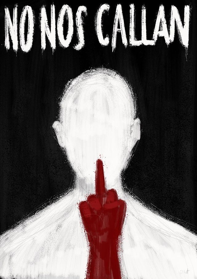 Dibujo de una persona con la boca tapada y consigna "No nos callan"