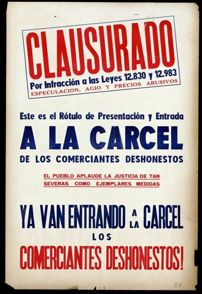 Afiche del plan de emergencia económica de Perón (1952) para clausurar comercios que especulen