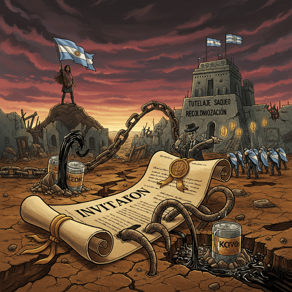 Dibujo retrofuturista de una argentina colonia, esclavizada, y una mujer que levanta la bandera nacional en señal de resistencia activa