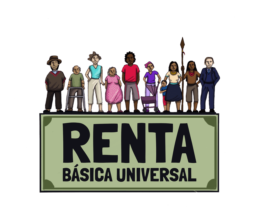 Personas de diferentes perfiles culturales, económicos y raciales con un cartel de Renta Básica Universal